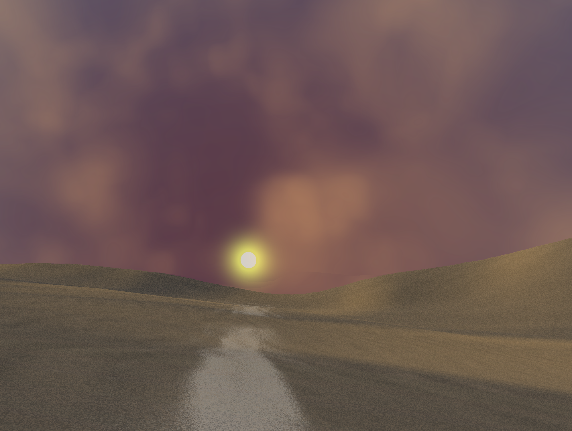 Our test environment with the sand shader, dune mesh, an a sky shader with a radiant sun and dust